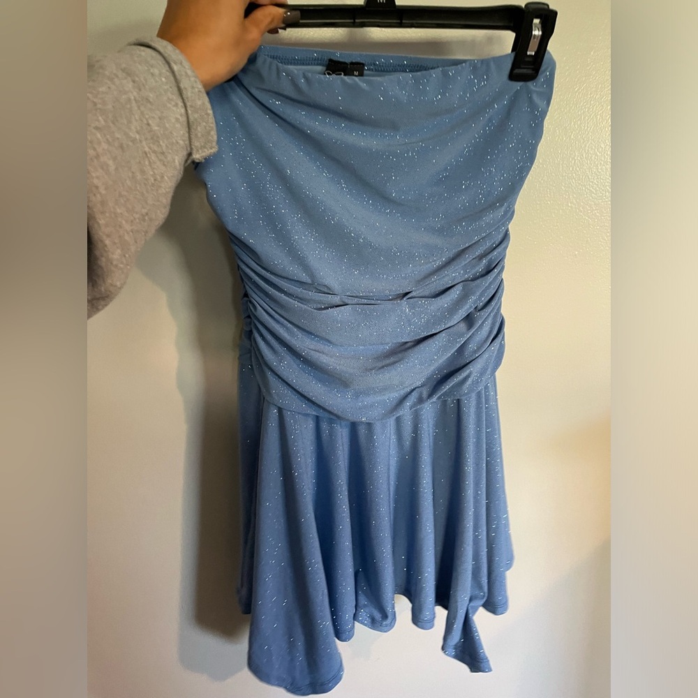 Blue shimmery strapless dress